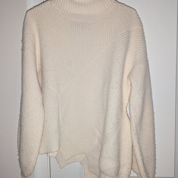 ADAWAS 100% Wool Turtleneck Ivory Asymmetric Long Sleeve Pullover Sweater 40 - Picture 2 of 4